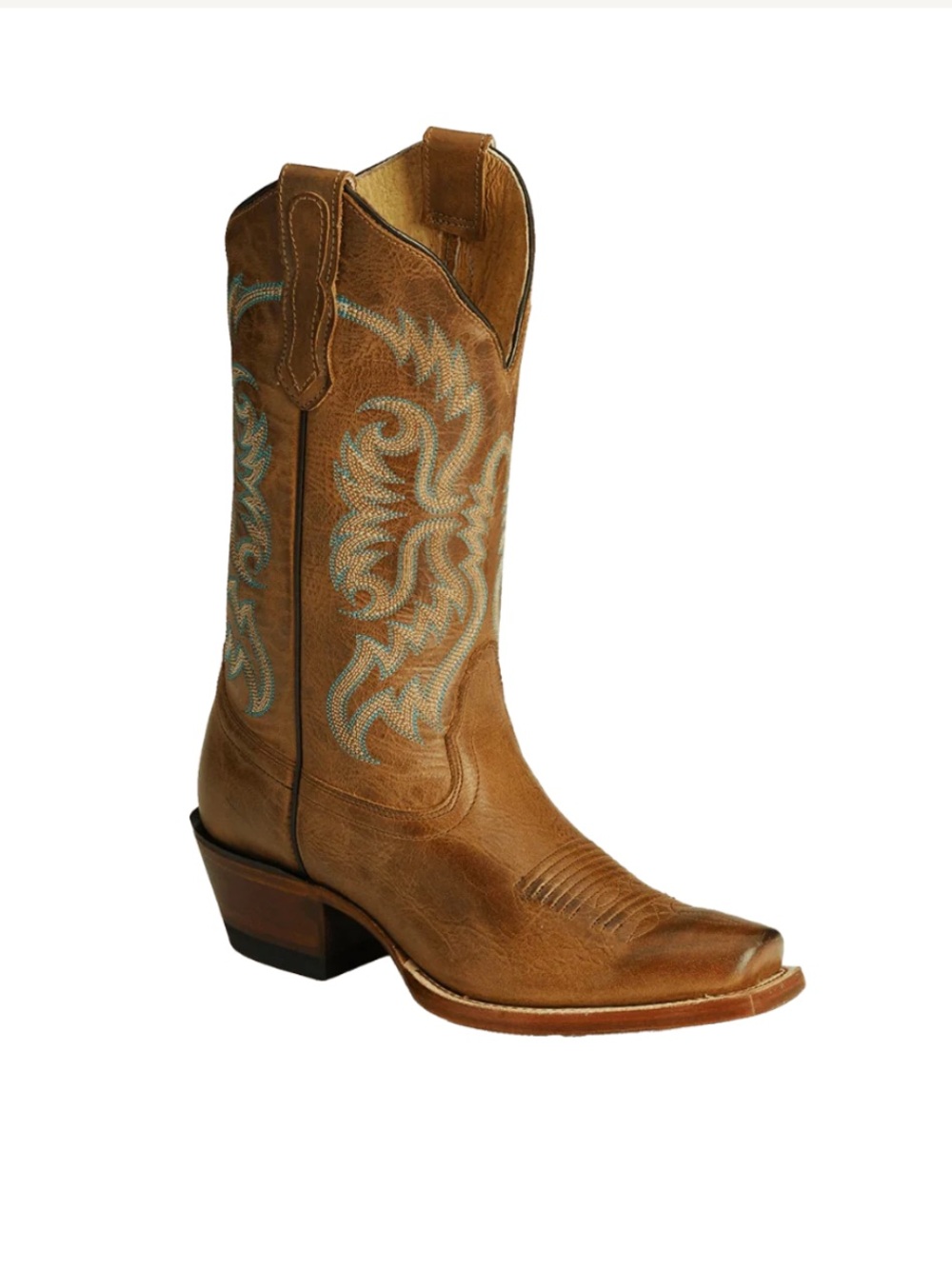 NOCONA WOMEN'S BLUEBONNET SNIP TOE TAN BOOTS with turquoise stitching